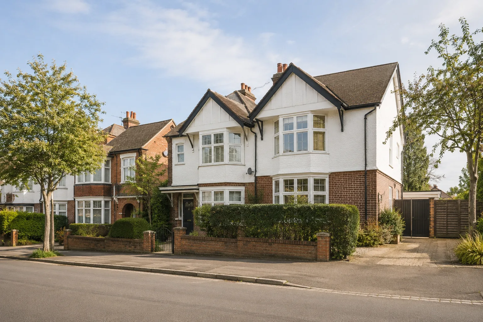 A row of ordinary British houses on a residential street.