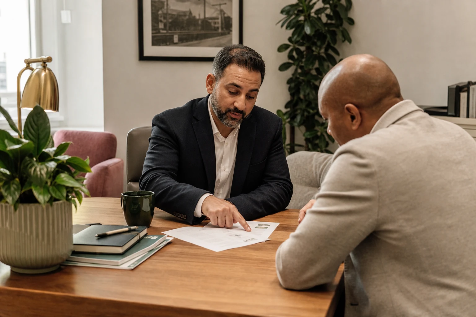 A property adviser and a landlord reviewing tenancy paperwork together in an office.