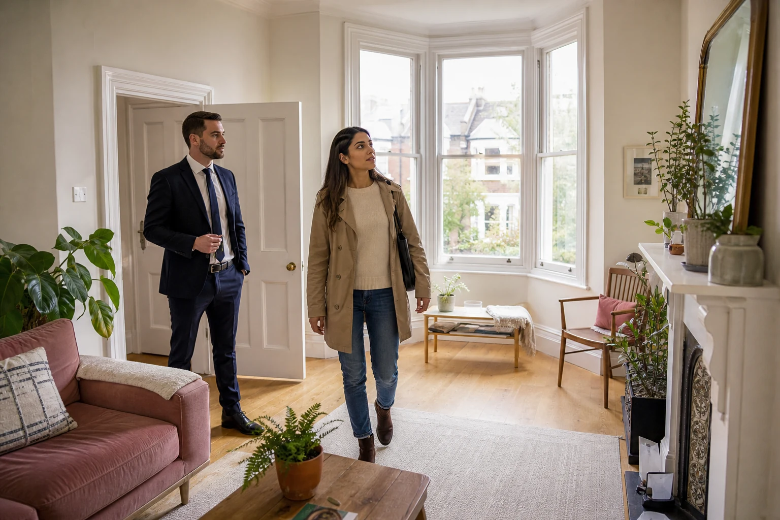 A prospective tenant viewing a bright Victorian flat with a property adviser.