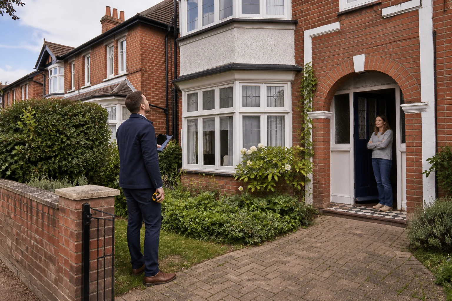 A property adviser assessing the exterior of a house while the homeowner waits at the door.