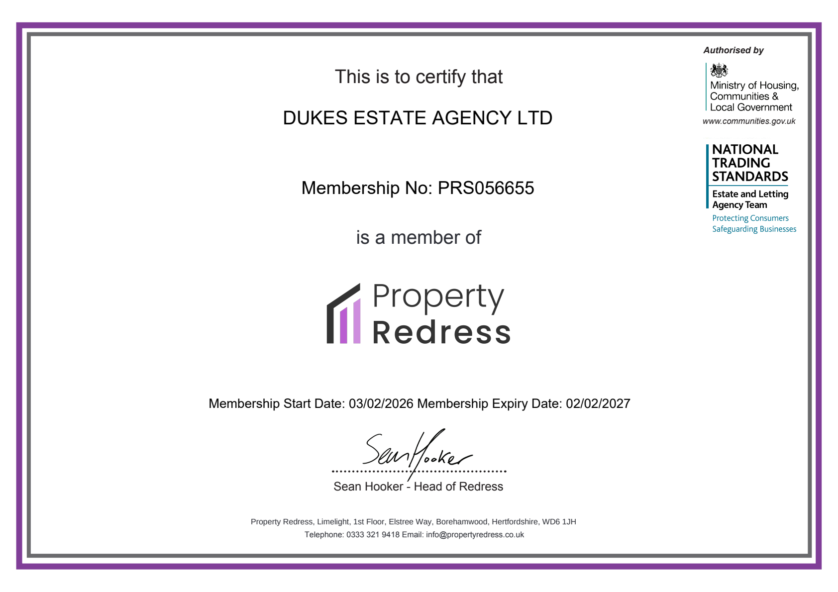 Property Redress certificate for DUKES ESTATE AGENCY LTD, membership PRS056655, valid until 2 February 2027