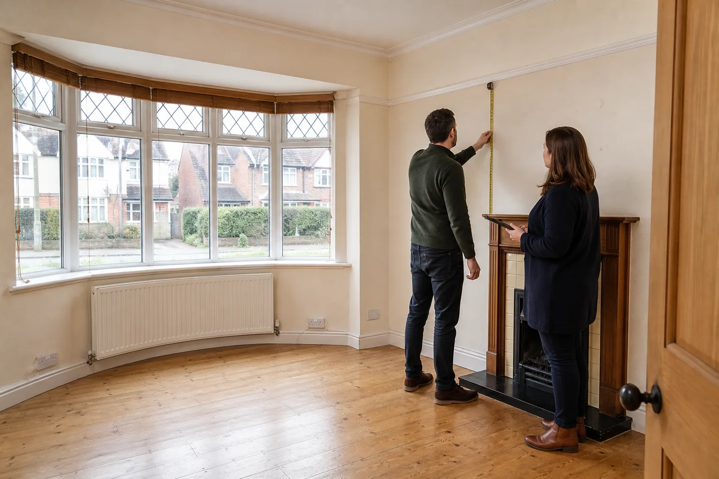 A homeowner and adviser reviewing an empty bay-window room