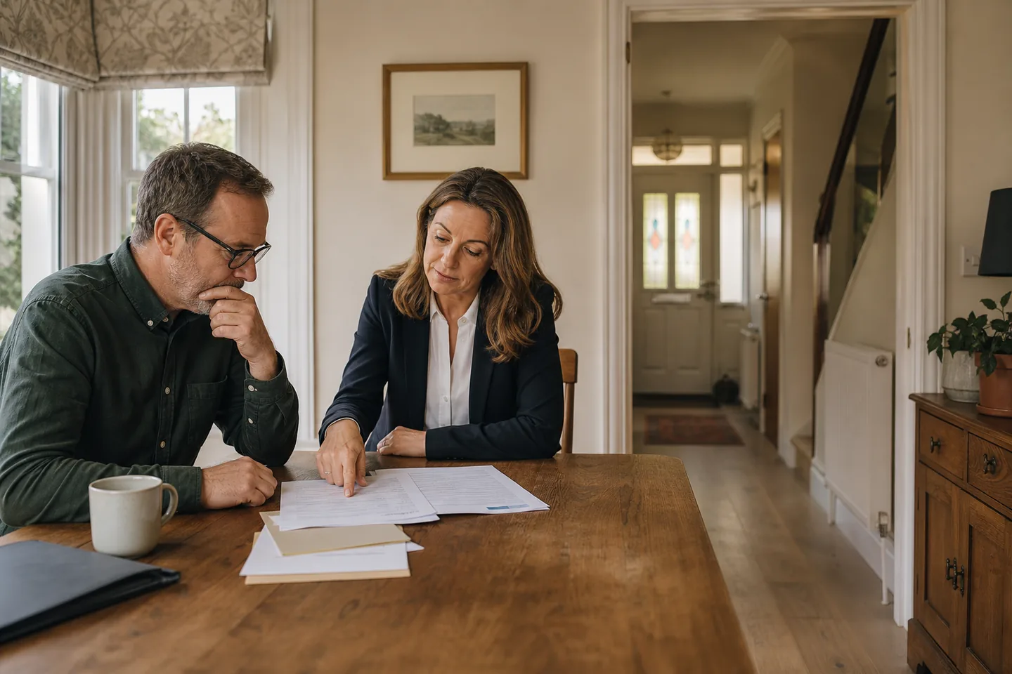 A homeowner reviewing sale documents with a property professional at a dining table