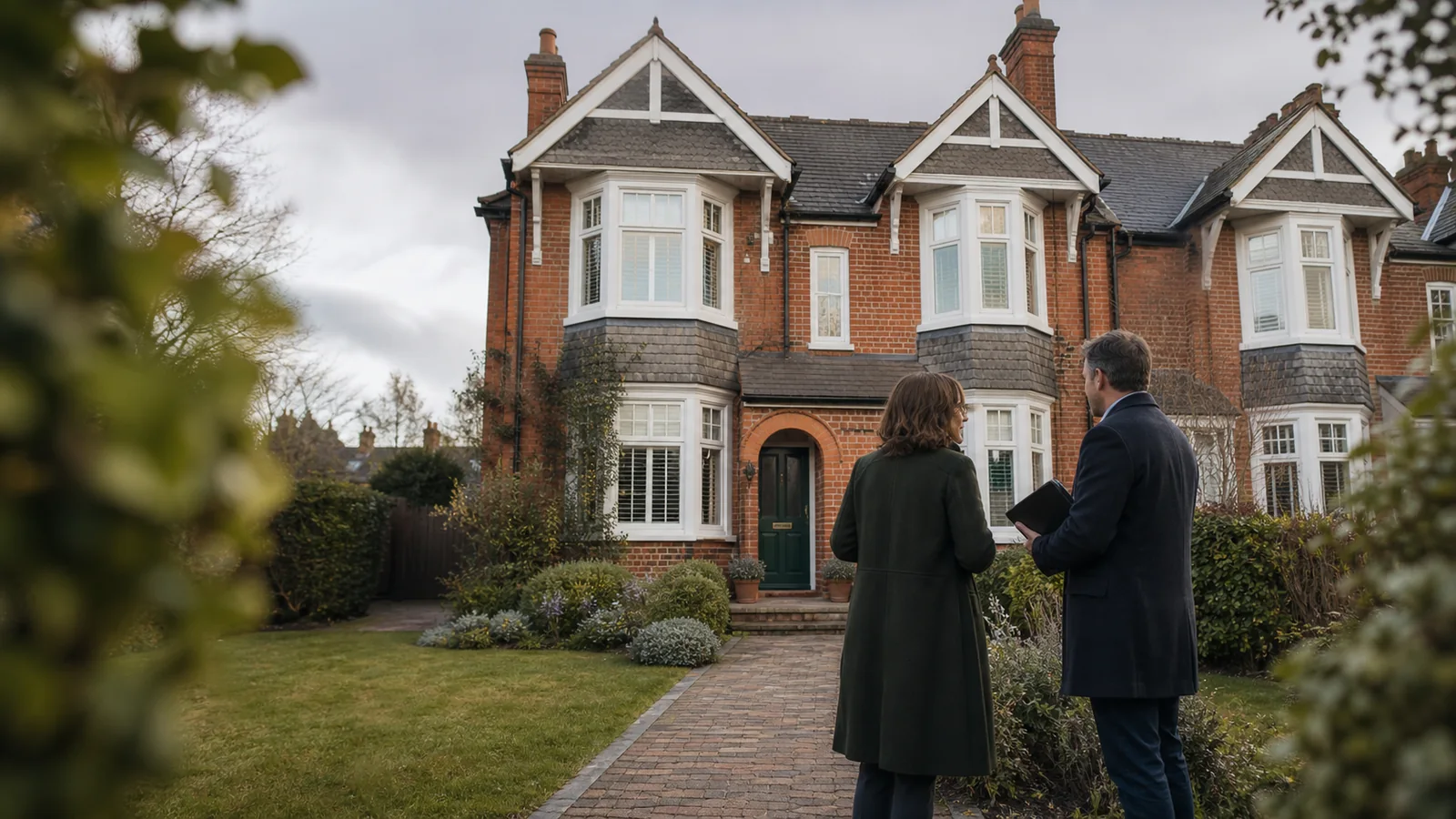 A homeowner and property adviser discussing a red-brick house from the front garden