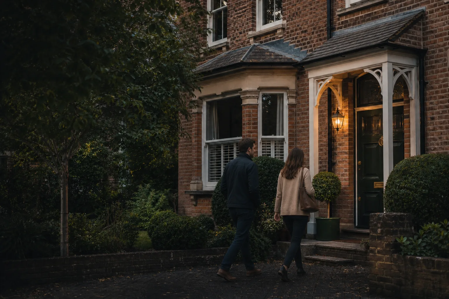 A couple approaching the entrance of a red-brick home