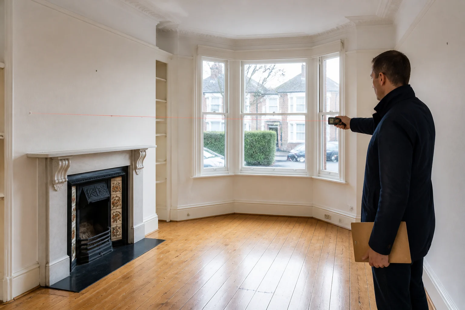 A property adviser measuring an interior room during a property assessment.